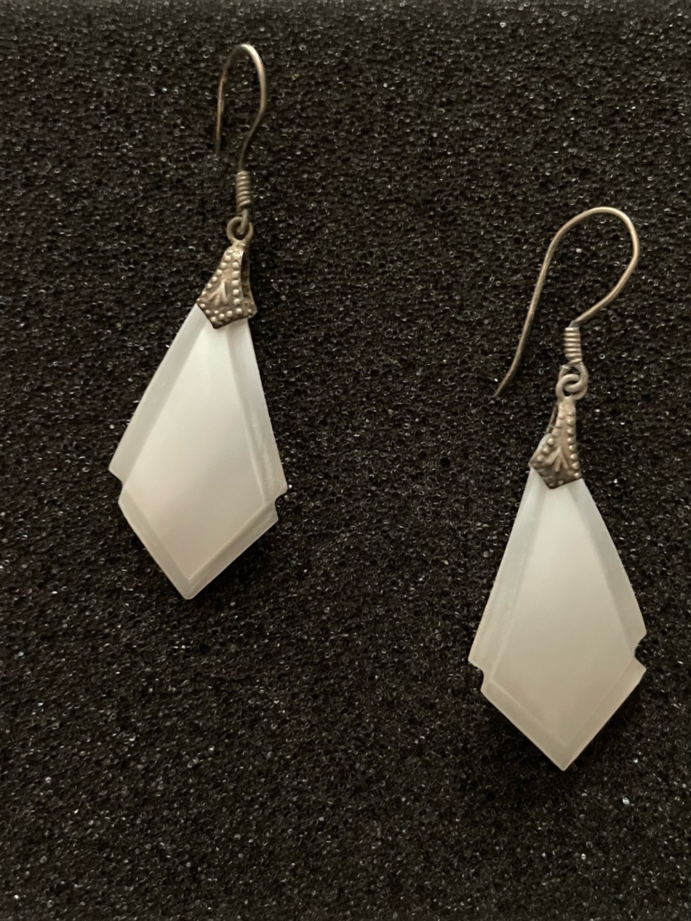 Vintage White Shell Art Deco Drop Earrings Ornate Triangular Findings